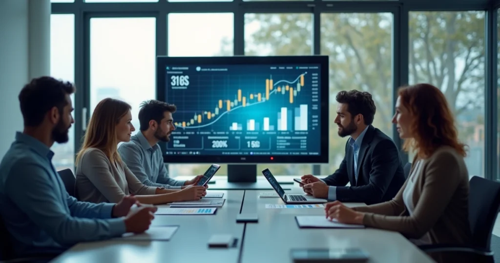 Dois executivos analisando relatórios financeiros em um tablet, com um terminal de contêineres desfocado ao fundo.