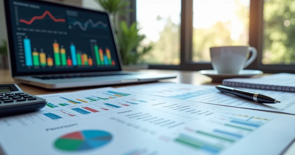 Dois executivos analisando relatórios financeiros em um tablet, com um terminal de contêineres desfocado ao fundo.